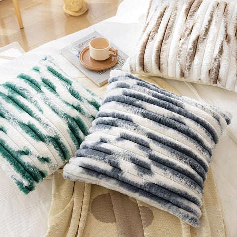 Gradient Color Faux Fur Striped Throw Pillow Cover